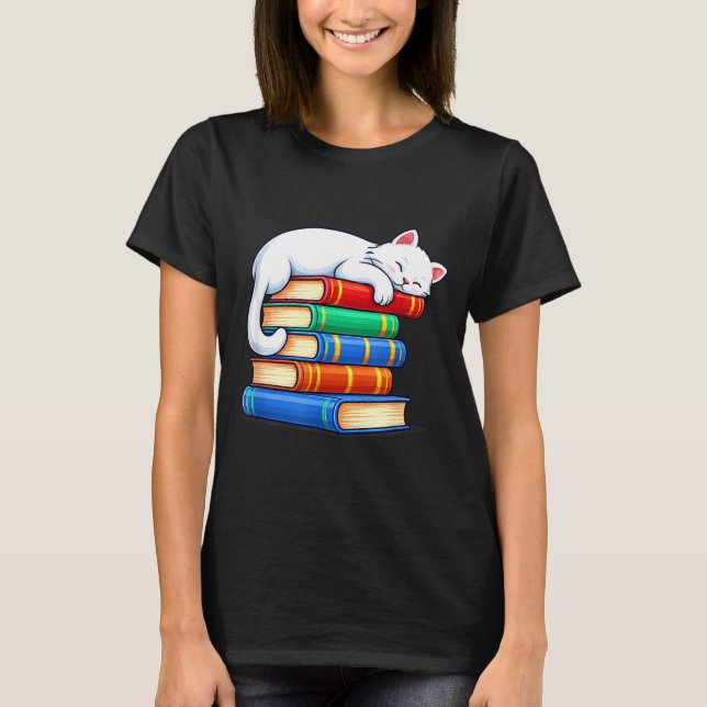 Camiseta Gato dormindo e livros fofos engraçados aconchegan (Frente)