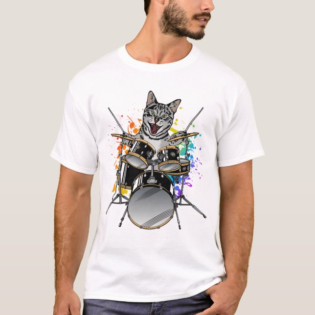 Camiseta Gato Drummer Jogando Drumôs Homens (Frente)
