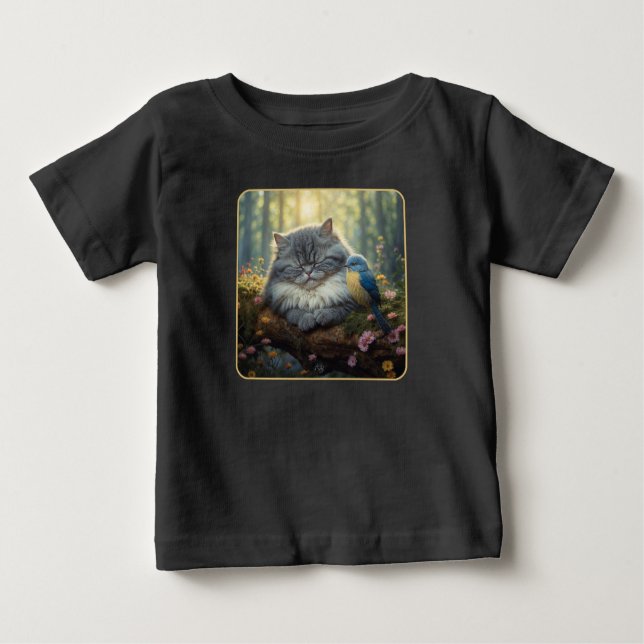 Camiseta Gato e ave em natureza serena (Frente)