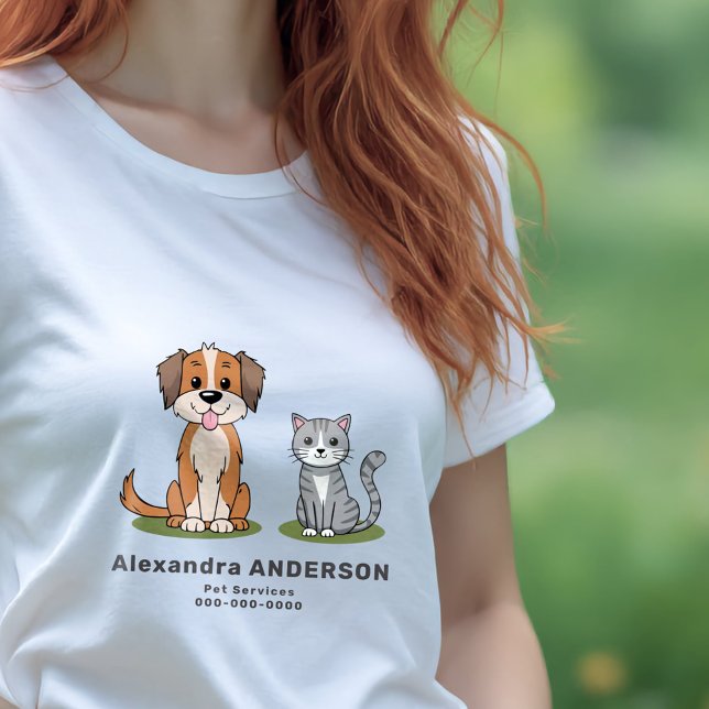Camiseta Gato e Cachorro de Animação - Serviços Pet (Cartoon Cat & Dog - Pet Services T-Shirt)