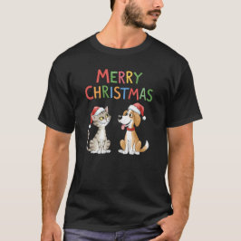 Camiseta Gato e Cão Feliz de Natal