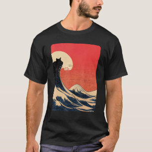 Camiseta Gato e Grande Onda de Kanagawa Estética Japonesa