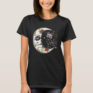 Camiseta Gato E Lua Crânio De Açúcar Dia De Muertos Dia Dos