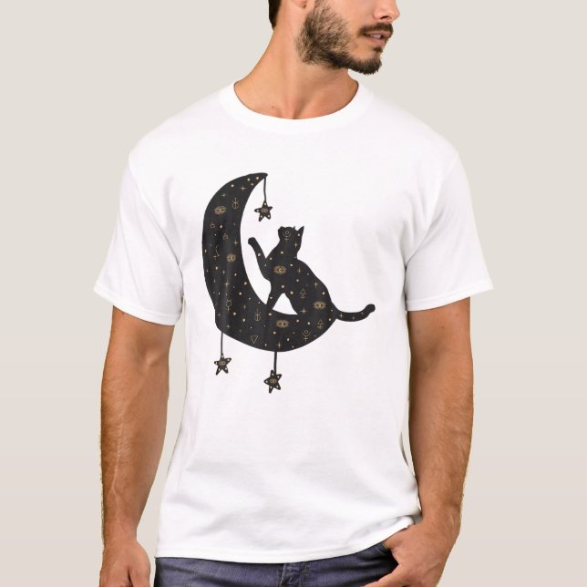 Camiseta Gato E Lua Crescente Estética Celestial Lua (Frente)