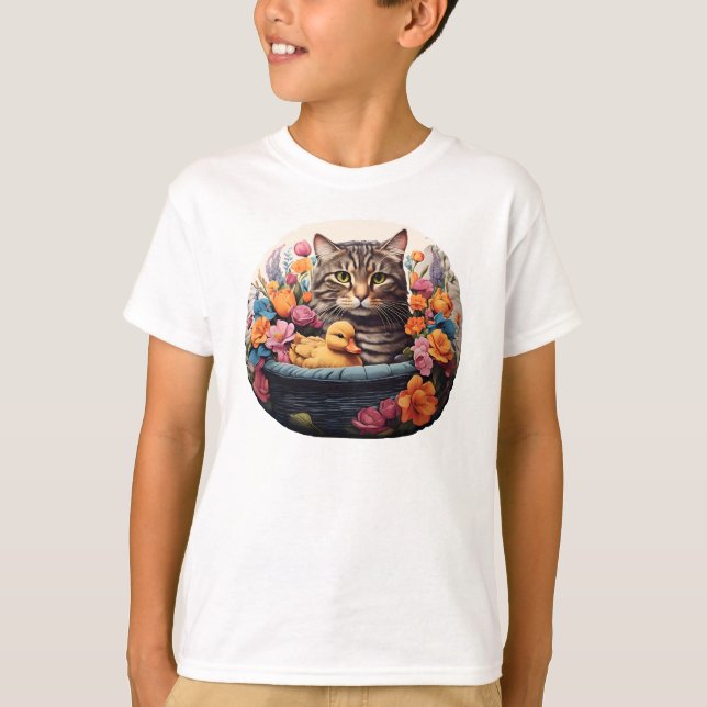 Camiseta Gato E Pato Engraçados Em Uma Cesta Com Flores (Frente)