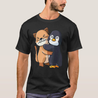 Camiseta Gato E Pinguim Animais Fofos Abraçando Para Mulher