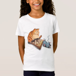Camiseta Gato e Rato Tocando Cartoon de Xadrez Engraçado T-