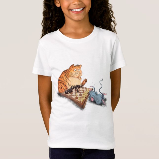 Camiseta Gato e Rato Tocando Cartoon de Xadrez Engraçando E (Frente)