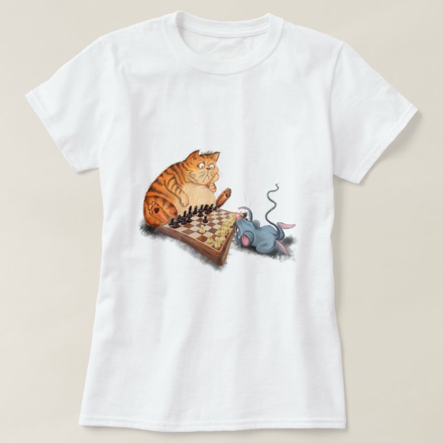 Camiseta Gato e Rato Tocando Cartoon de Xadrez Engraçando E (Frente do Design)