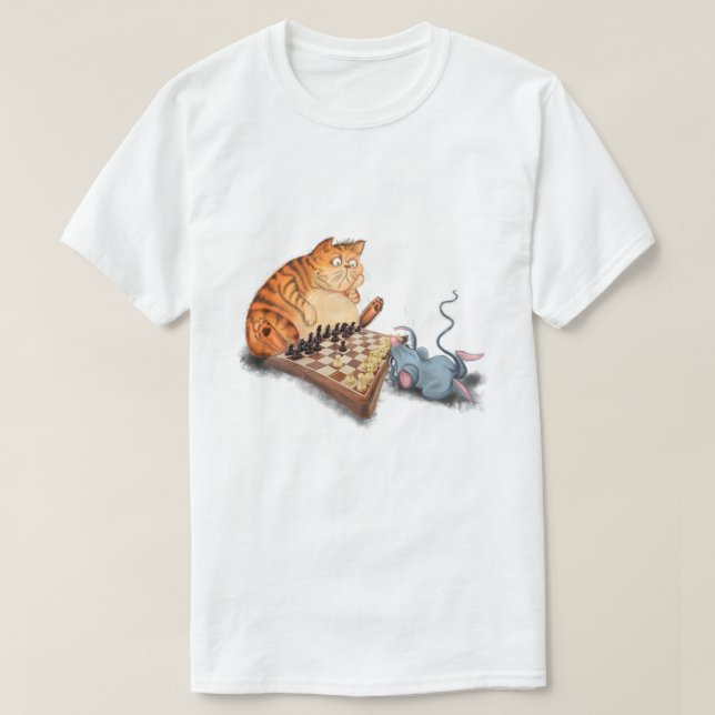 Camiseta Gato e Rato Tocando Cartoon de Xadrez Engraçando E (Frente do Design)