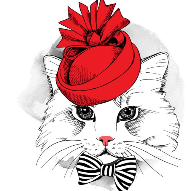 Camiseta Gato Elegante (Illustration of a white cat wearing a red hat and a black and white striped bow. )