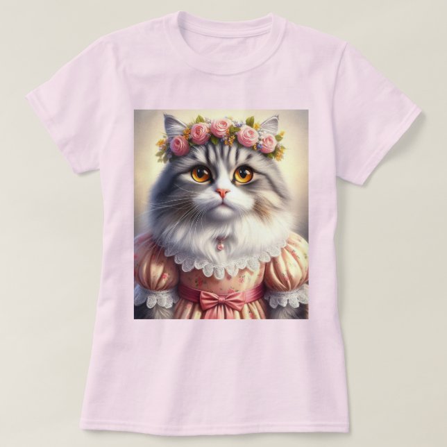 Camiseta Gato Elegante no Vestido Vitoriano Rosa (Frente do Design)