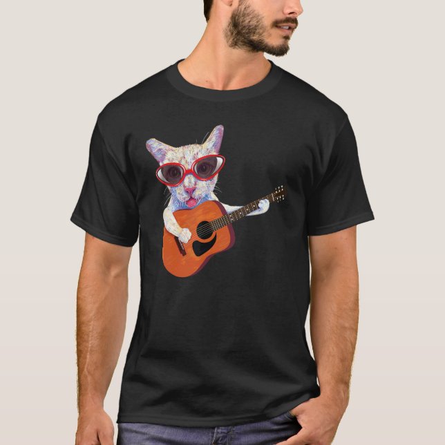 Camiseta Gato Em Óculos Jogando Violão Em Cima (Frente)