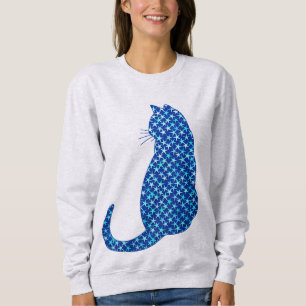 Camiseta Gato em Padrão de Estrelas em Azul Profundo