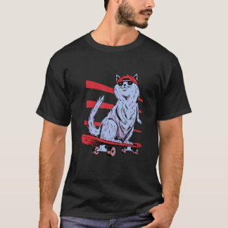 Camiseta Gato em Skate com Óculos de Sol e Boné