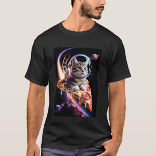 Camiseta Gato Engraçado Andando de Pizza no Espaço Voador L