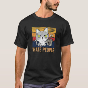 Camiseta Gato Engraçado Bebendo Café e Odeia Pessoas Eu Ode