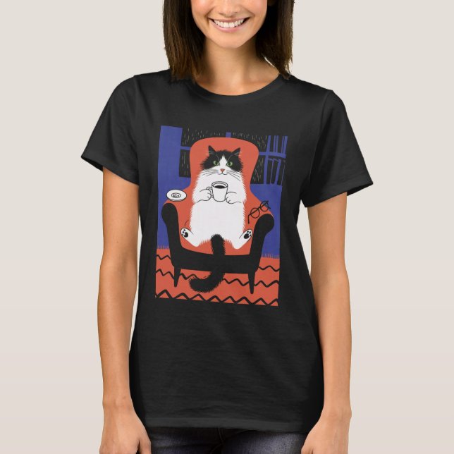 Camiseta Gato Engraçado Bebendo Café Manga Longa (Frente)