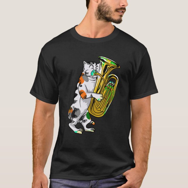 Camiseta Gato Engraçado Brincando Tuba Gift Kitten Músico F (Frente)