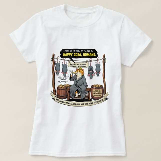 Camiseta gato engraçado celebrando 2026 (Frente do Design)