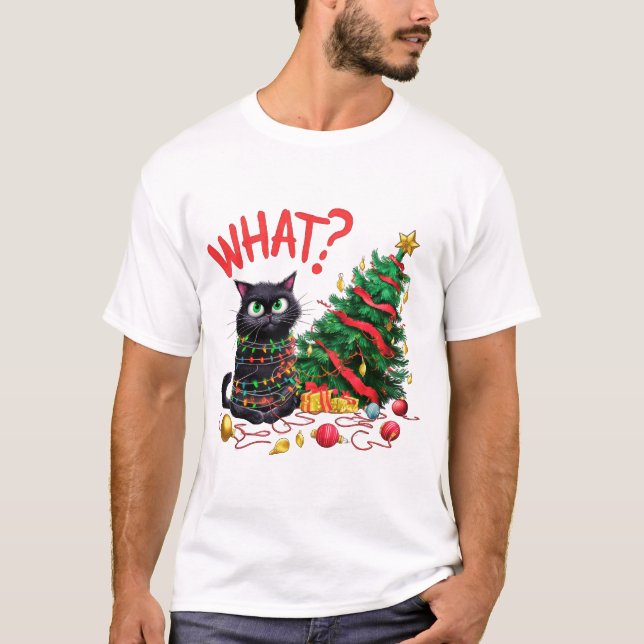 Camiseta Gato Engraçado com Árvore de Natal (Frente)