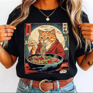 Camiseta Gato engraçado comendo Ramen Japonês para amantes 
