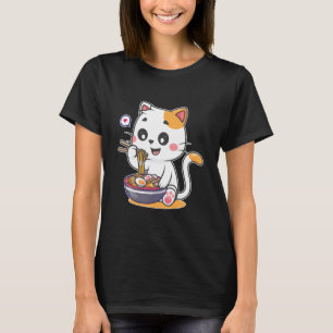 Camiseta Gato Engraçado Comendo Ramen Macarrão Japonês Anti