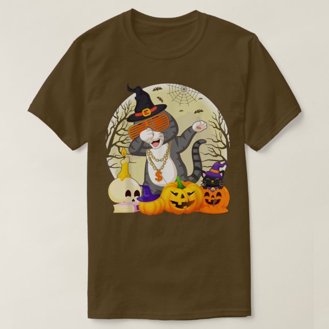 Camiseta Gato Engraçado Dabbing Pumpkin Witch Cat Dab Hallo (Frente do Design)