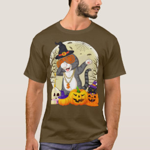Camiseta Gato Engraçado Dabbing Pumpkin Witch Cat Dab Hallo