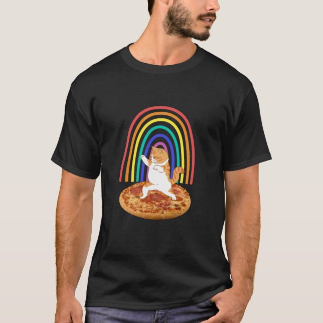 Camiseta Gato engraçado dançando piza arco-íris (Frente)