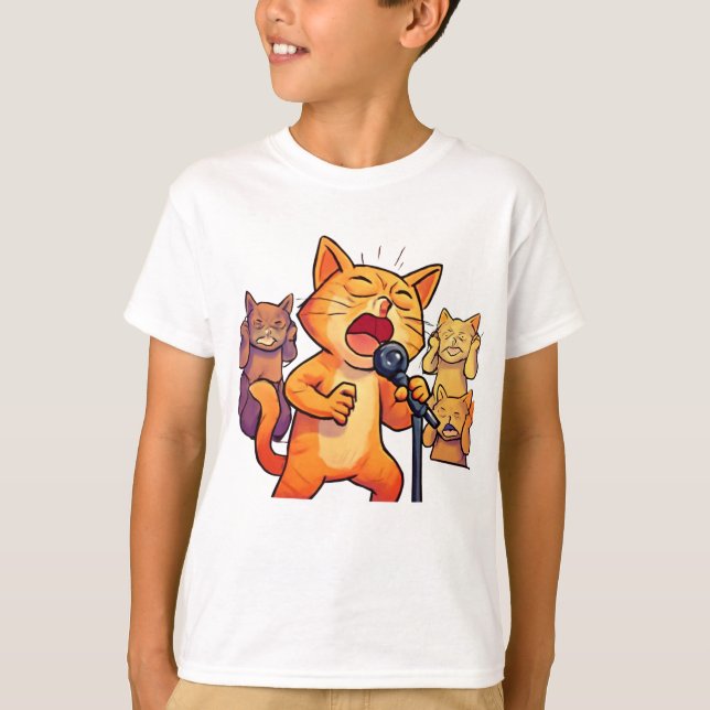 Camiseta Gato Engraçado de Canto com Arte de Microfone (Frente)