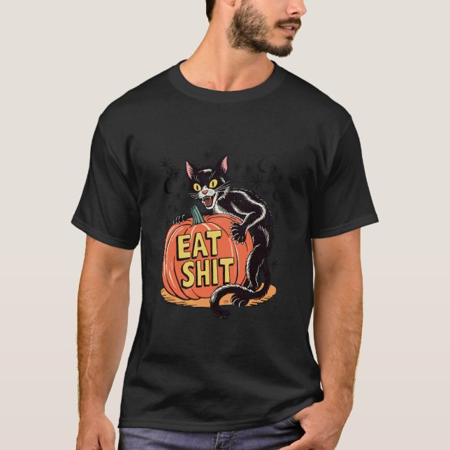 Camiseta Gato engraçado de Halloween e Abóbora (Frente)