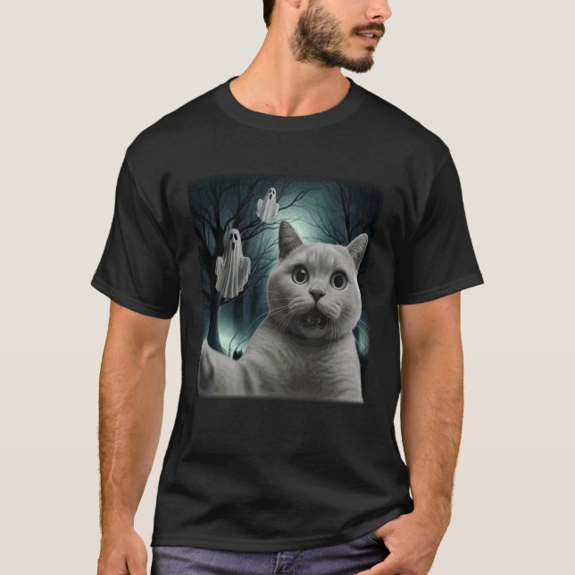 Camiseta Gato engraçado de Halloween selfie com fantasma as (Frente)