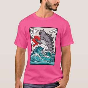 Camiseta Gato Engraçado De Monstro Da Arte Onda Japonesa