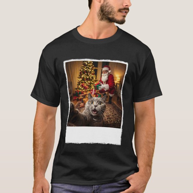 Camiseta Gato engraçado de Natal selfie com presentes do Pa (Frente)