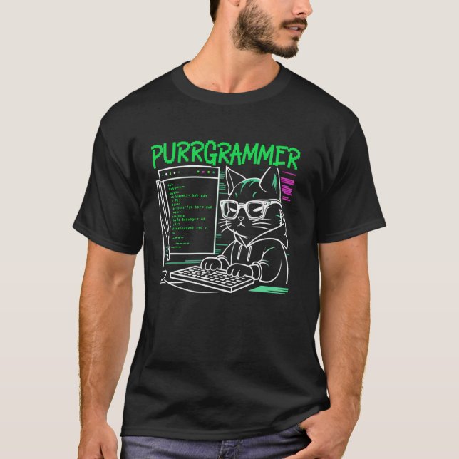 Camiseta Gato engraçado de programação de computador progra (Frente)