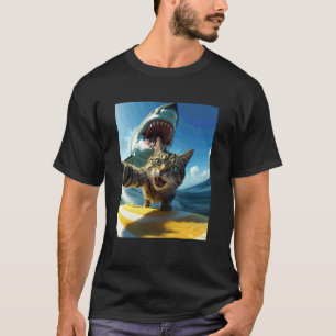Camiseta Gato Engraçado de Surfe Selfie com Meme de Tubarão