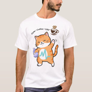 Camiseta Gato Engraçado de Treino Bebendo Café Amante de Fi