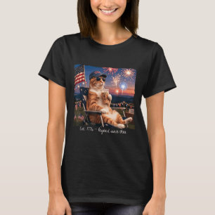 Camiseta Gato engraçado do dia 4 de julho de fogos de artif