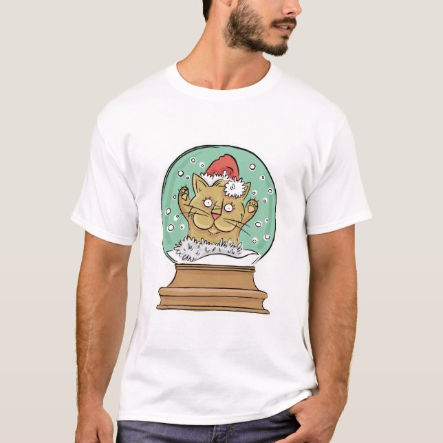 Camiseta Gato engraçado do Natal no animal do Xmas do globo (Frente)
