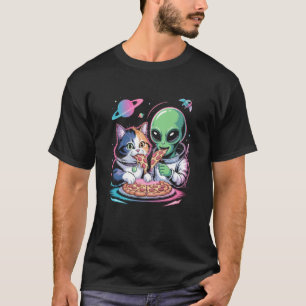 Camiseta Gato Engraçado e Alien Compartilhando Pizza Espaço