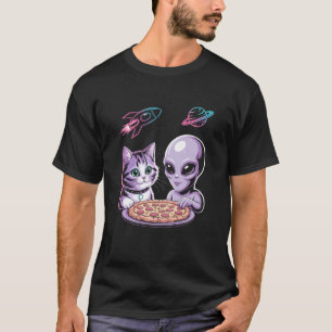 Camiseta Gato Engraçado e Alien Compartilhando Pizza Espaço