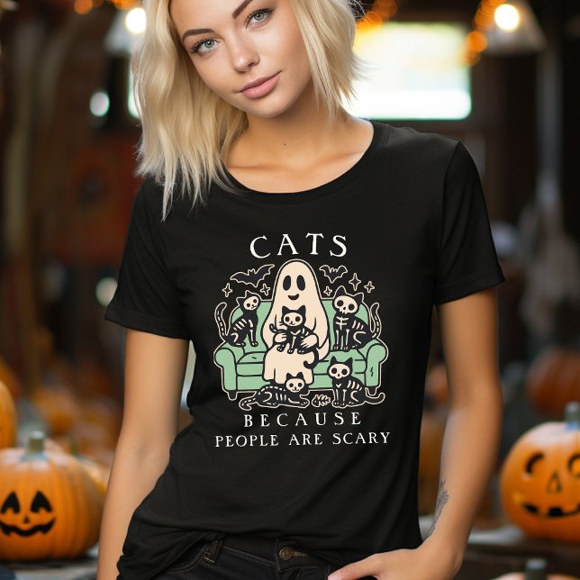 Camiseta Gato Engraçado e Fantasma Halloween  (Cats Because People Are Scary Funny Halloween T-shirt)