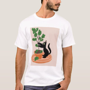 Camiseta Gato engraçado figueira plantas em vaso Desenhado