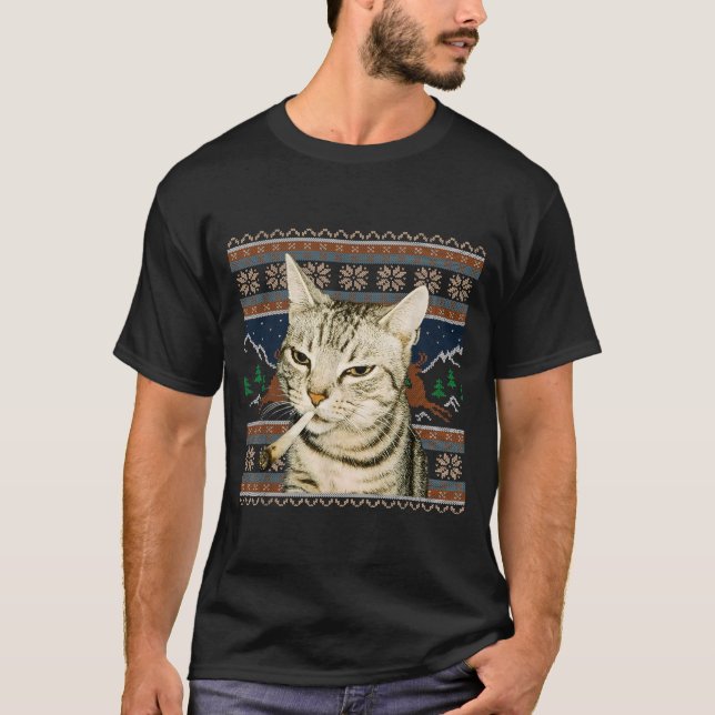 Camiseta Gato engraçado fumando meme natal camisola feia de (Frente)