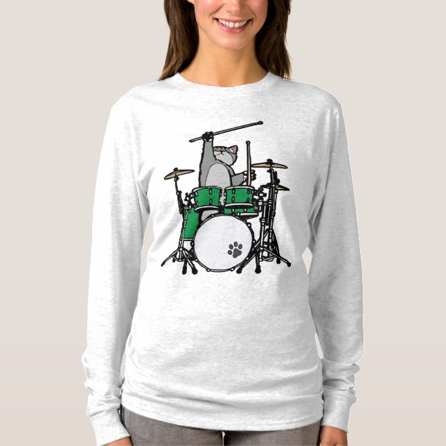 Camiseta Gato Engraçado Jogando Tambores, Baterista De Gato (Frente)
