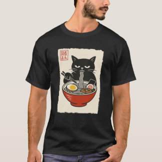 Camiseta Gato Engraçado Mal-Humorado Ramen Sumi e e Kawaii 