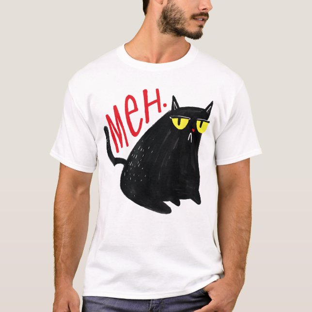 Camiseta Gato Engraçado, Meh, Gato Preto Para Homens, Prese (Frente)