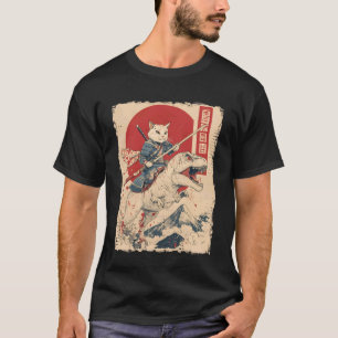 Camiseta Gato Engraçado Montando T-Rex Arte Japonesa Ukiyo-