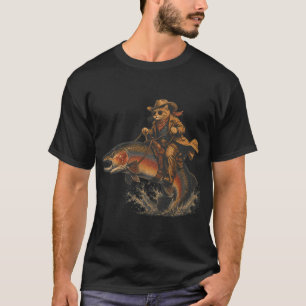 Camiseta Gato Engraçado Montando Truta Arco-Íris Meme de Ga